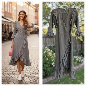 Ganni Brown and White Gingham Wrap Dress